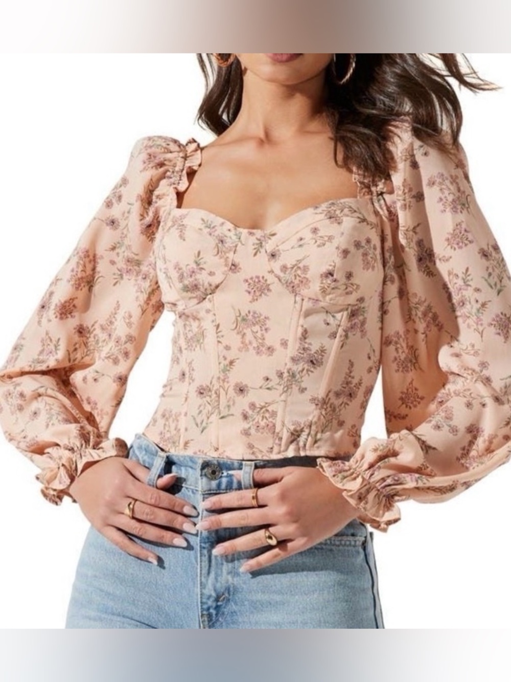 ASTR the‎ Label Paola Floral Print Long Sleeve Crop Corset  - Medium